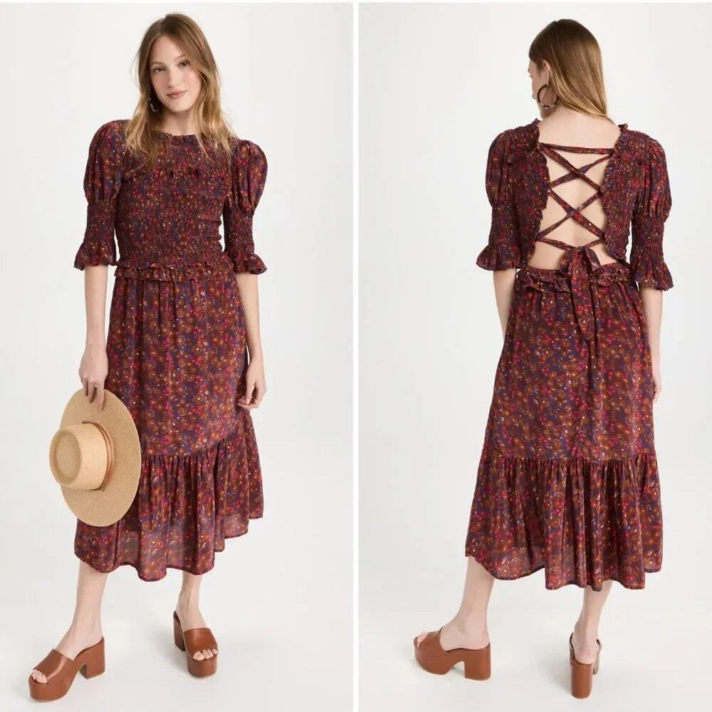Sea New York Ilana Ikat Puff Sleeve Smocked Midi Dress Red Brown Navy Womens XS